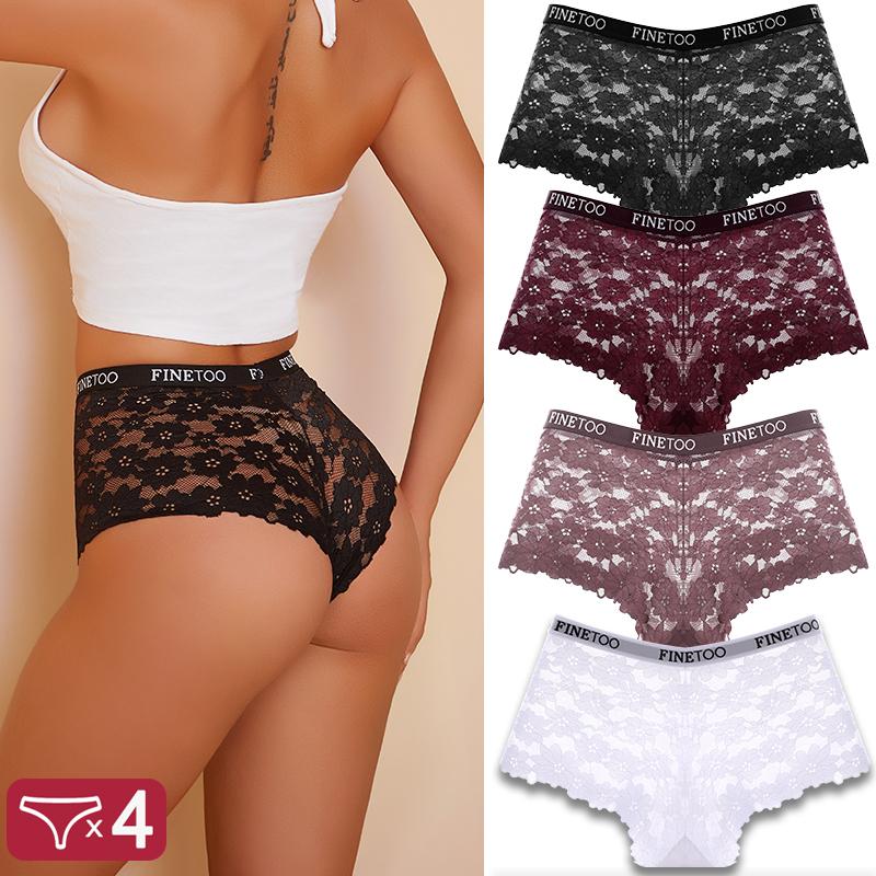 4Pcs Women Lace Floral Boyshorts Sexy Hollow Out Panties Low Waist FINETOO Briefs Female Stretch BoxerShort Lingerie Transparent