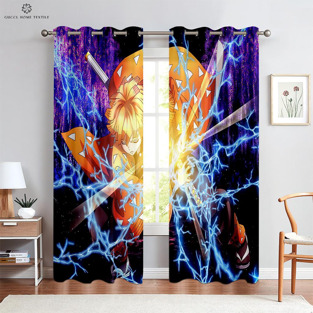 Hot-Blooded Anime Cartoon Printed Curtains, 100% Polyester, Rod Pocket Curtains, Kitchen, Living Room, Children's Room, 2 Pcs
