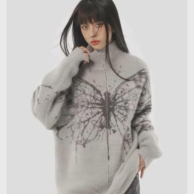 Американский ретро-жаккардовый кардиган с воротником-стойкой и бабочкой из кашемира — тренд осени/зимы