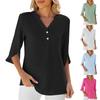 Женская мода, однотонная повседневная шифоновая рубашка с v-образным вырезом и пуговицами, разделенными средними рукавами, топ