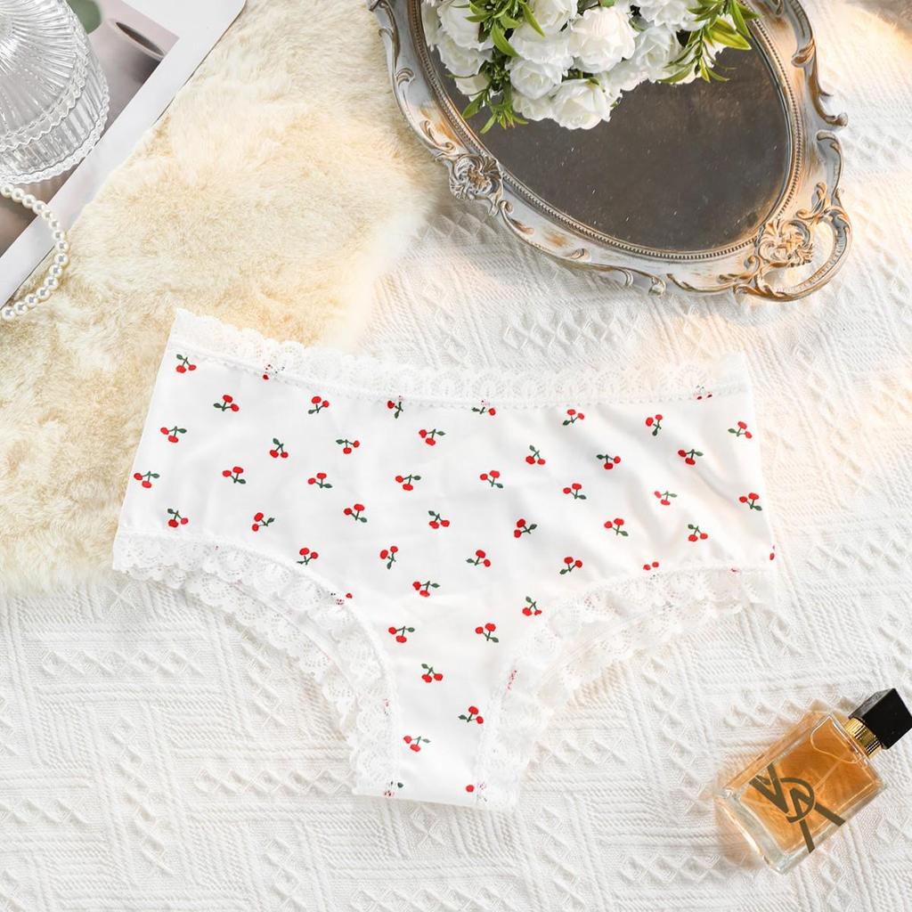 Женские бесшовные хлопковые трусы с принтом вишни и кружевной отделкой - Треугольная модель, не задираются