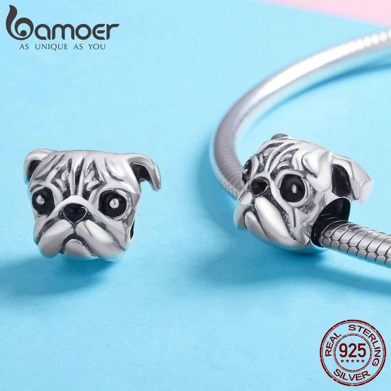 BAMOER 100% стерлингового серебра 925 пробы милые животные Мопс голова собаки подвесные бусины подходят для женщин браслеты-подвески