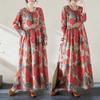Spring Floral Print Round Neck Retro Loose Long Dress Green Blue Long Sleeve Cotton Linen Dress Women's Clothing