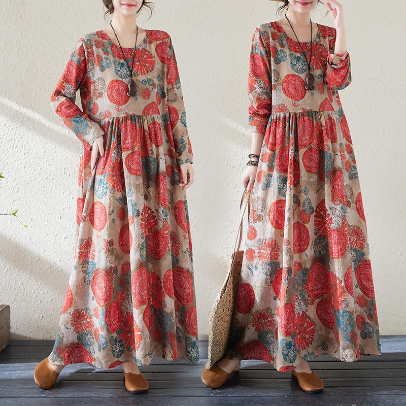 Spring Floral Print Round Neck Retro Loose Long Dress Green Blue Long Sleeve Cotton Linen Dress Women's Clothing
