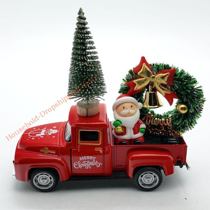 Christmas Farmhouse Truck Decor,Christmas Decorations for Home Holiday Metal Pickup Truck Car Model with Wreath/Tree