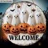 Halloween Wooden Welcome Sign with Adorable Ghost & Pumpkin Pattern - Unique Figurine Ornaments - Ideal for Front Door, Wall, Room Decor