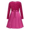 Girls Christmas Glittery Sequin Party Gown Round Collar Long Sleeve High Waist Knee Length Belted Pleated Formal Event Dress
