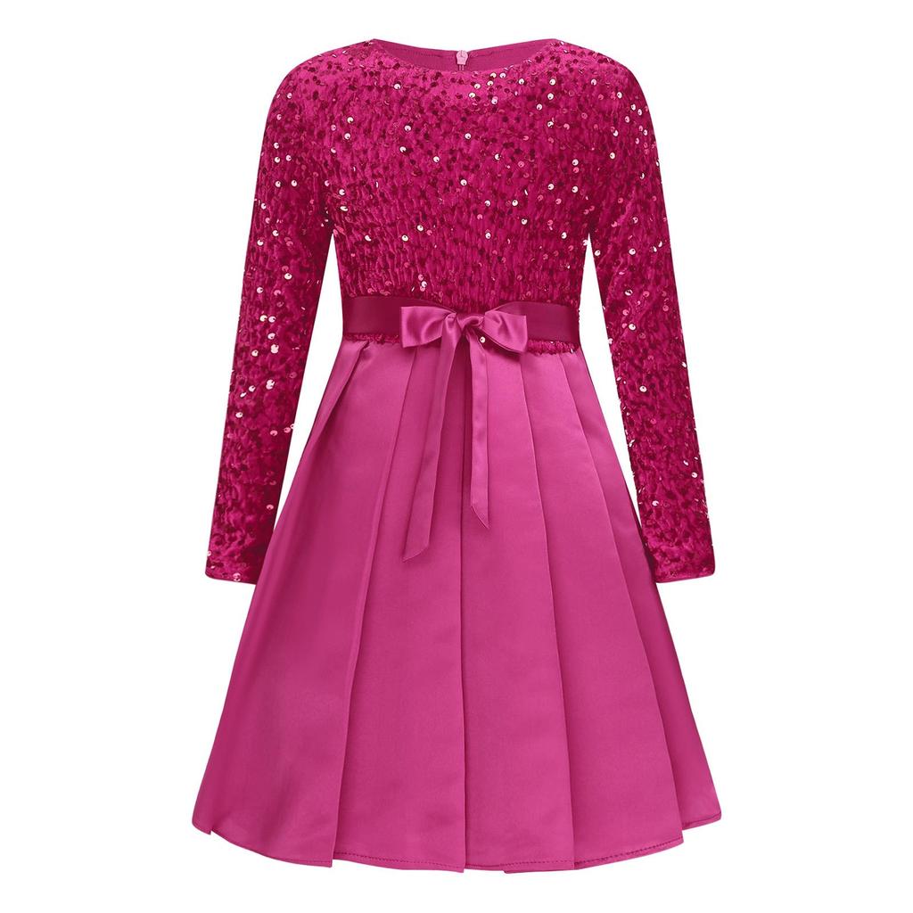 Girls Christmas Glittery Sequin Party Gown Round Collar Long Sleeve High Waist Knee Length Belted Pleated Formal Event Dress