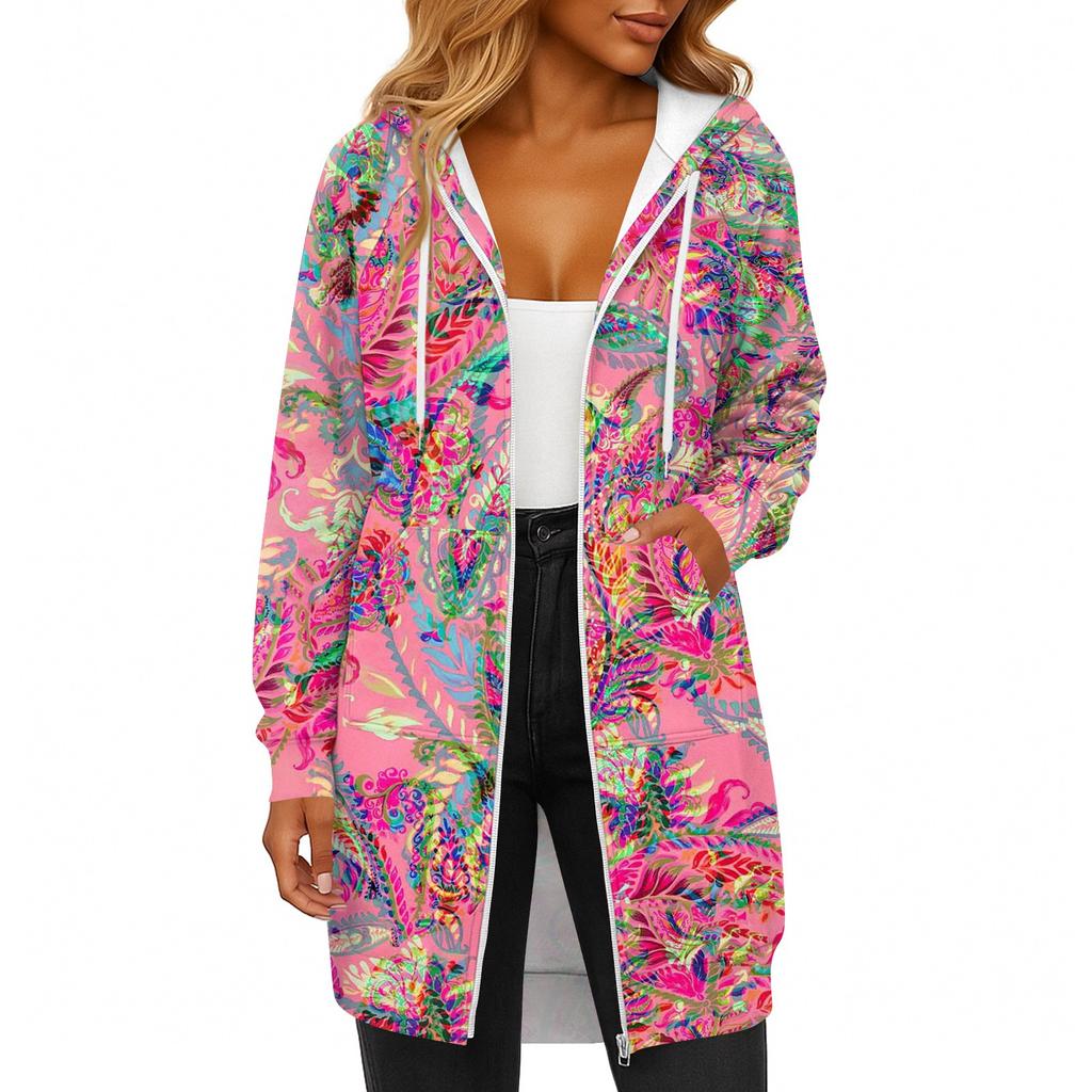 Women's Fashionable Printed Long Sleeved Drawstring Hooded Zipper Pocket Long Casual Sweatshirt Jacket