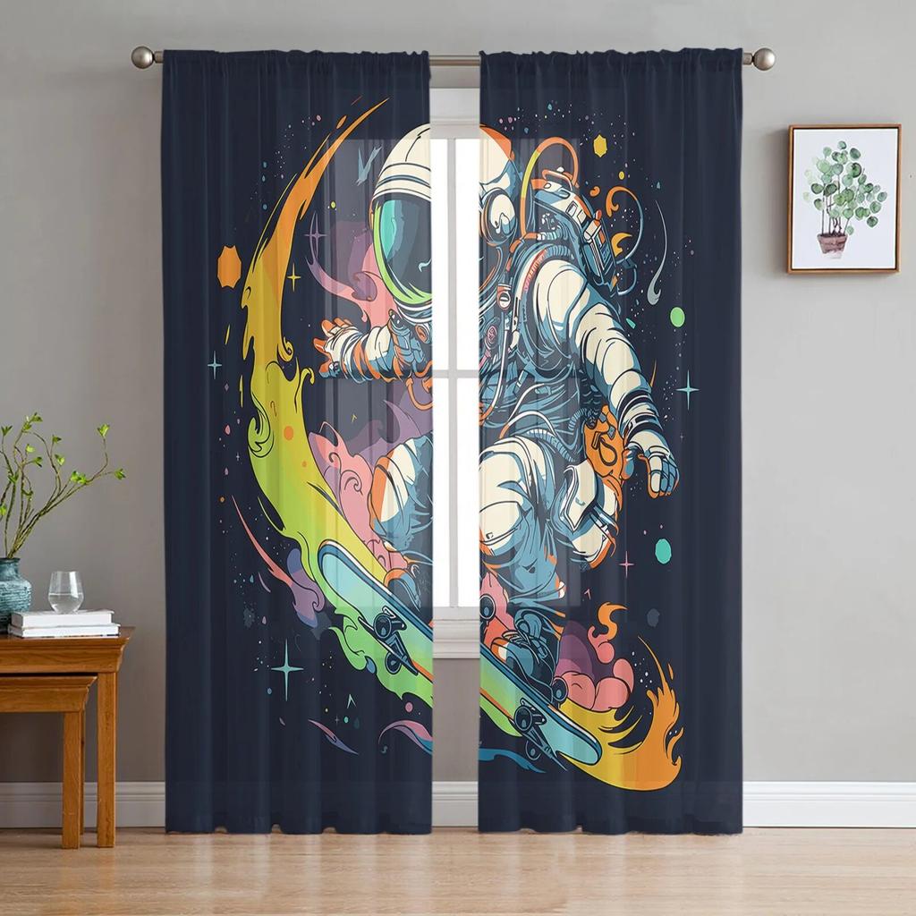 Sporty Astronaut Skateboard Sheer Curtains For Living Room Kitchen Window Curtains Bedroom Tulle Voile Curtains