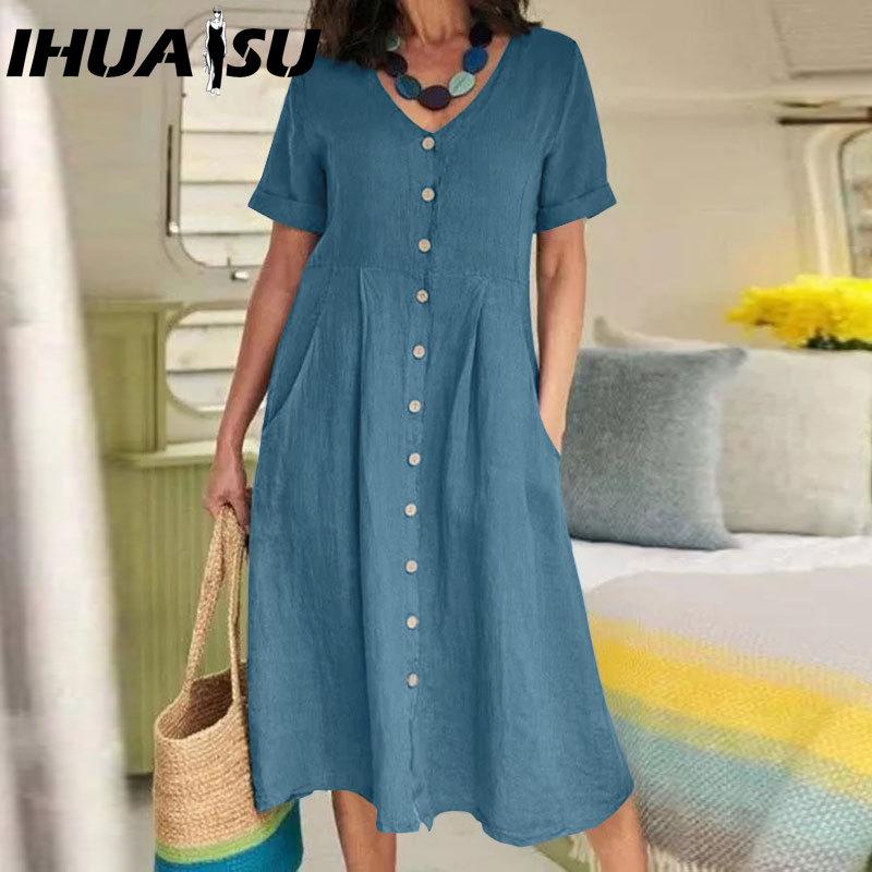 IHUASU Женская мода лето весна однотонный принт V-образный вырез высокая талия повседневные платья