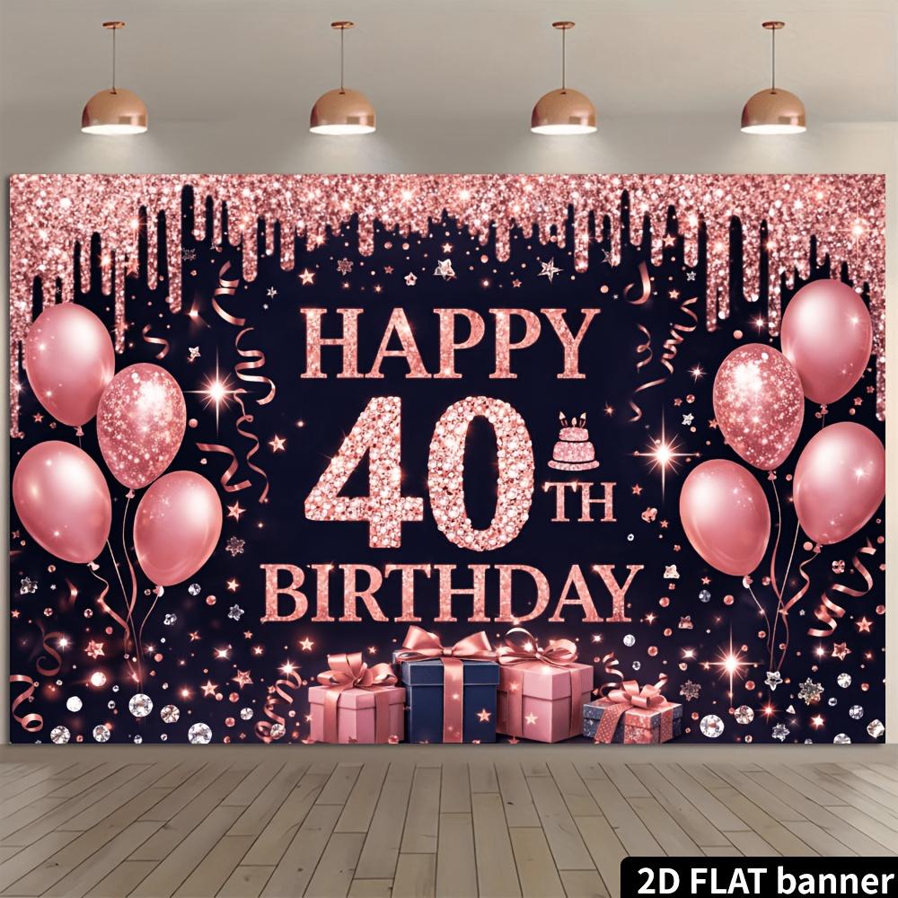 2D Flat Banner - 40th Birthday Party Background Fabric - Black background with pink gold glitter and golden luster theme