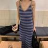 Женские платья Сто в полоску в стиле ретро, ​​платья на бретельках, тонкое длинное платье до бедра с внутренней упаковкой, большие размеры