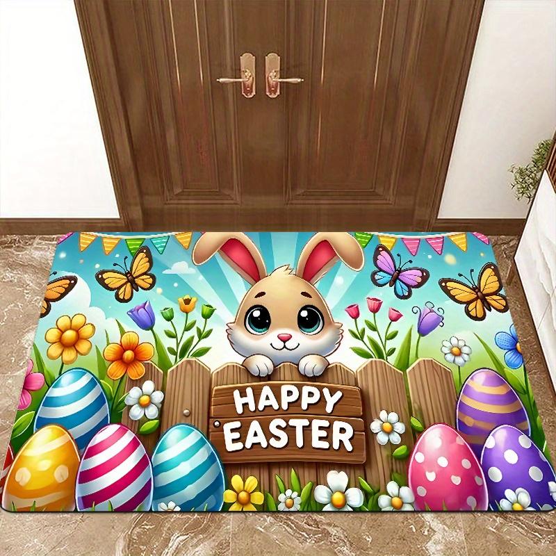 VIKAMA Anti-Slip Easter Door Mat Cute Rabbit Colorful Egg Print Mat for Foyer Bathroom Indoor Outdoor Easter Decor