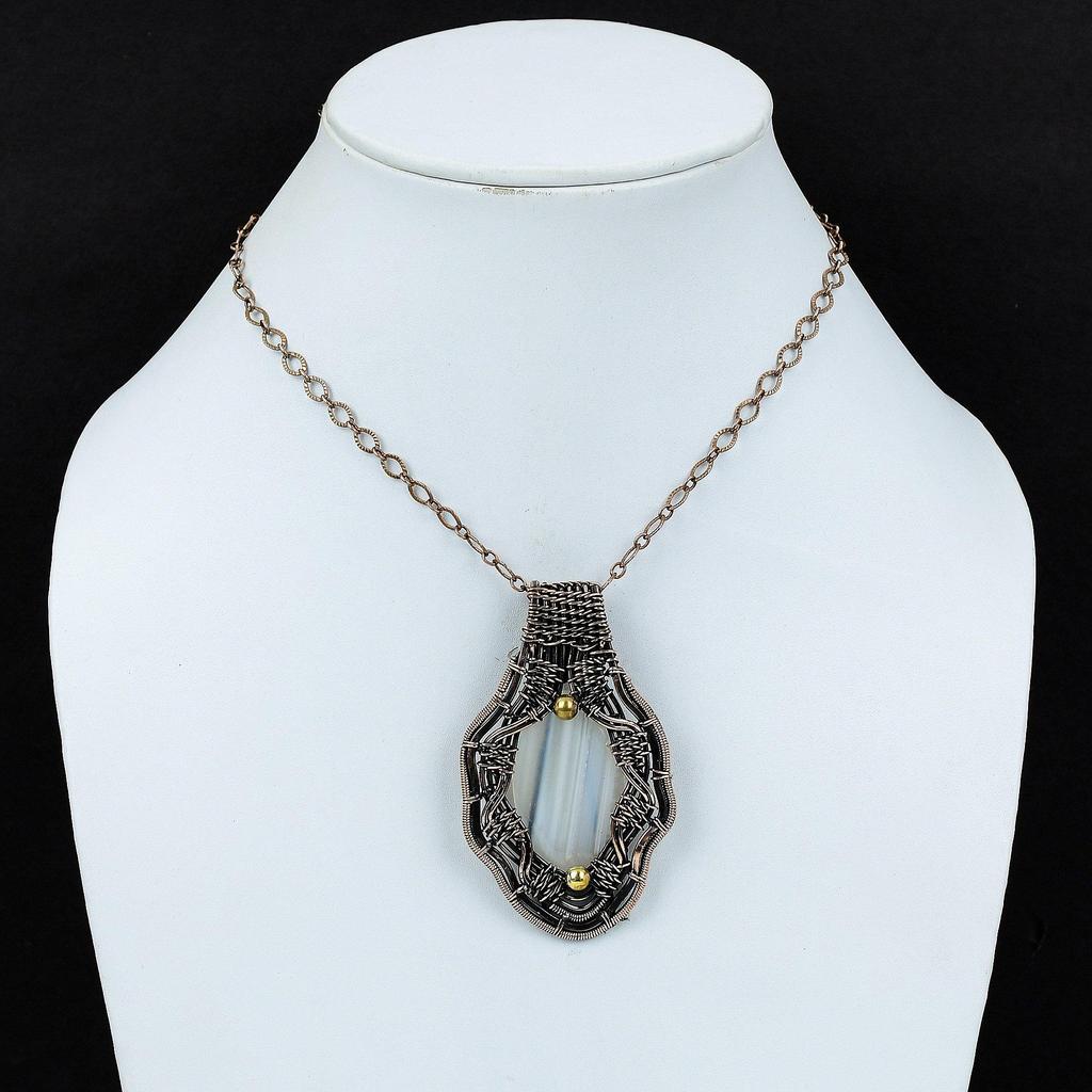 Кулон с агатом Ботсваны, медная проволока, кулон, драгоценный камень, медные украшения, изысканный кулон ручной работы, ювелирное изделие, завернутое в проволоку, подарок на юбилей