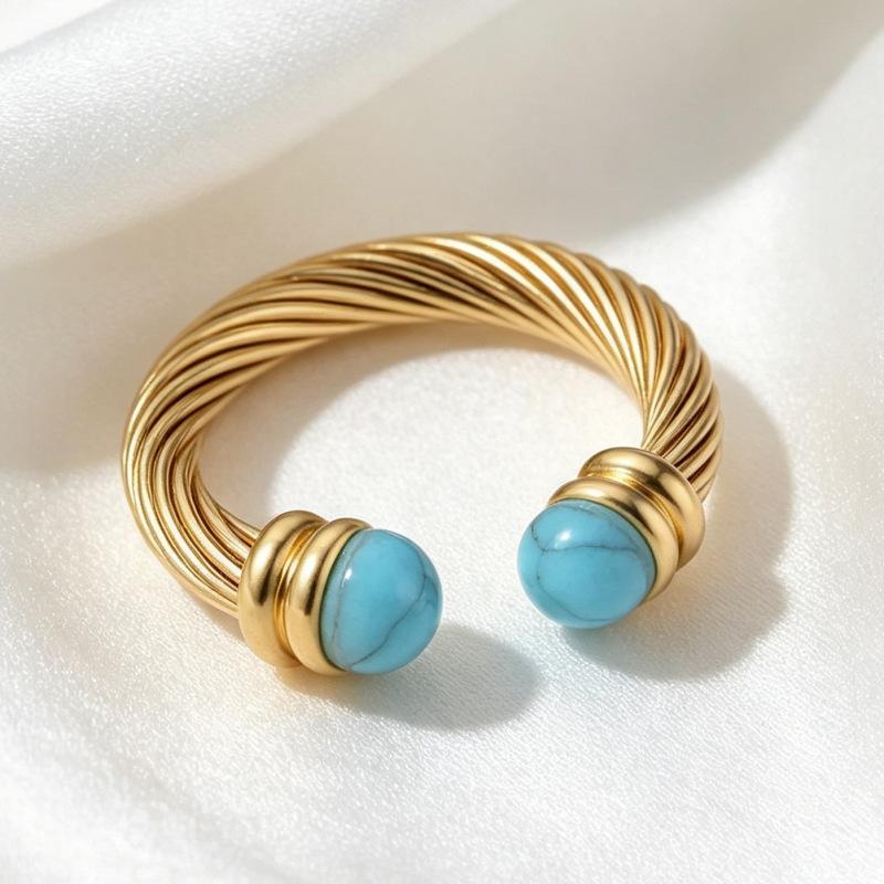 Vintage jewelry 18k gold stainless steel open bracelet inlaid with tiger turquoise titanium steel ring non-fading jewelry