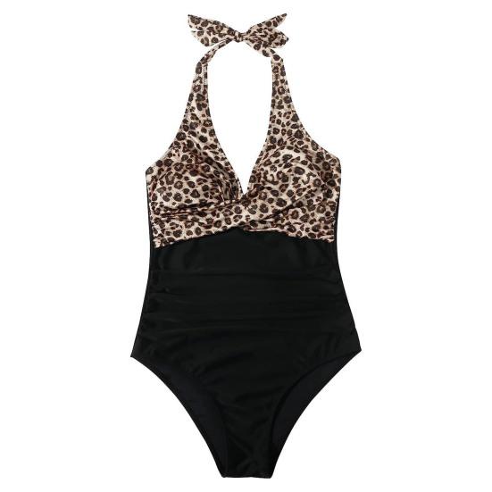 Women Sexy Monokini Halter Sleeveless One-piece Swimsuit Patchwork Color Backless Tummy Control