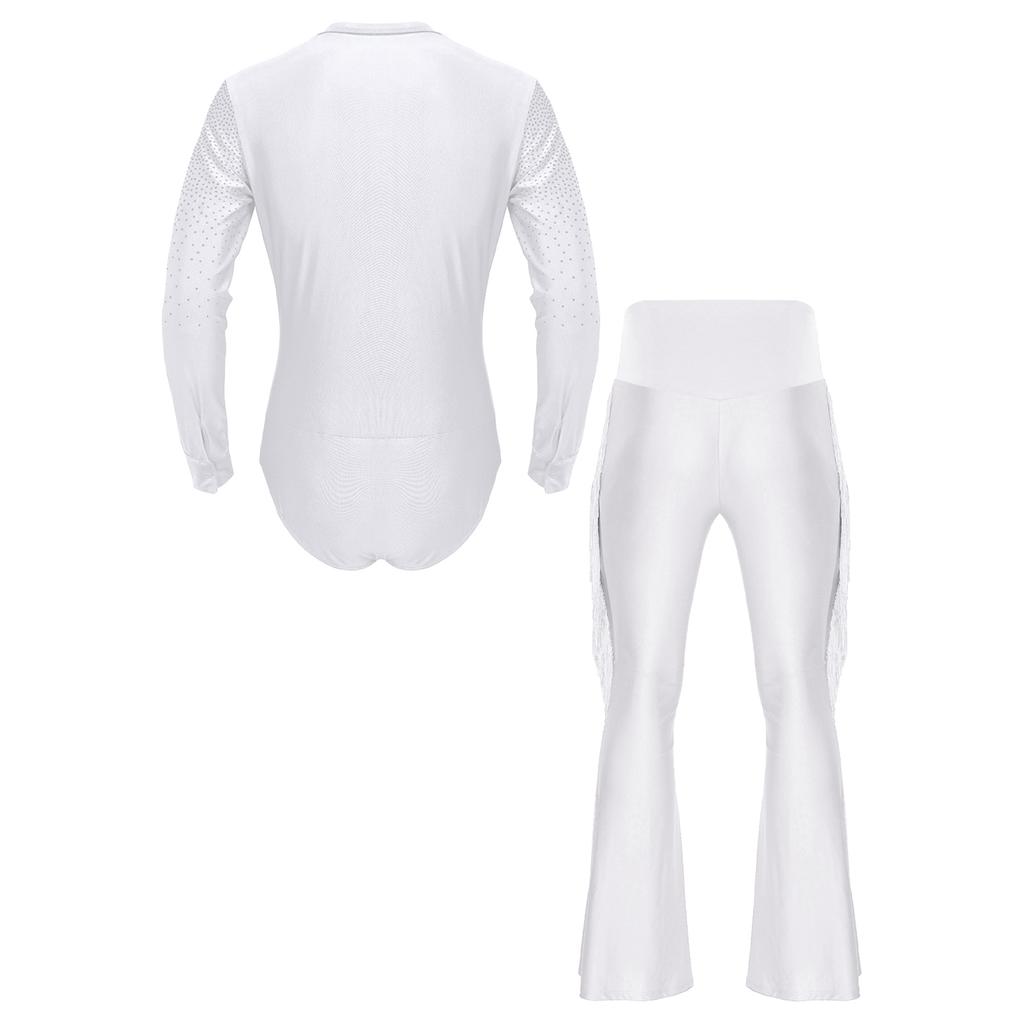 Мужской костюм для латинских танцев с V-образным вырезом, воротником-стойкой, стразами, трико с кисточками, расклешенные брюки для бальных танцев