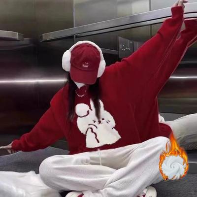 Красный дизайн рождественский свитшот для женщин на осень и зиму новый свободный плюшевый утолщенный повседневный топ свитшот с круглым вырезом