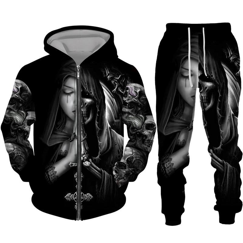 Cool Skull 3D Printed Black Zipper Hoodie Pants Suit Gothic Punk Style Men Women Tracksuit Set 2023 Halloween Streetwear Costume