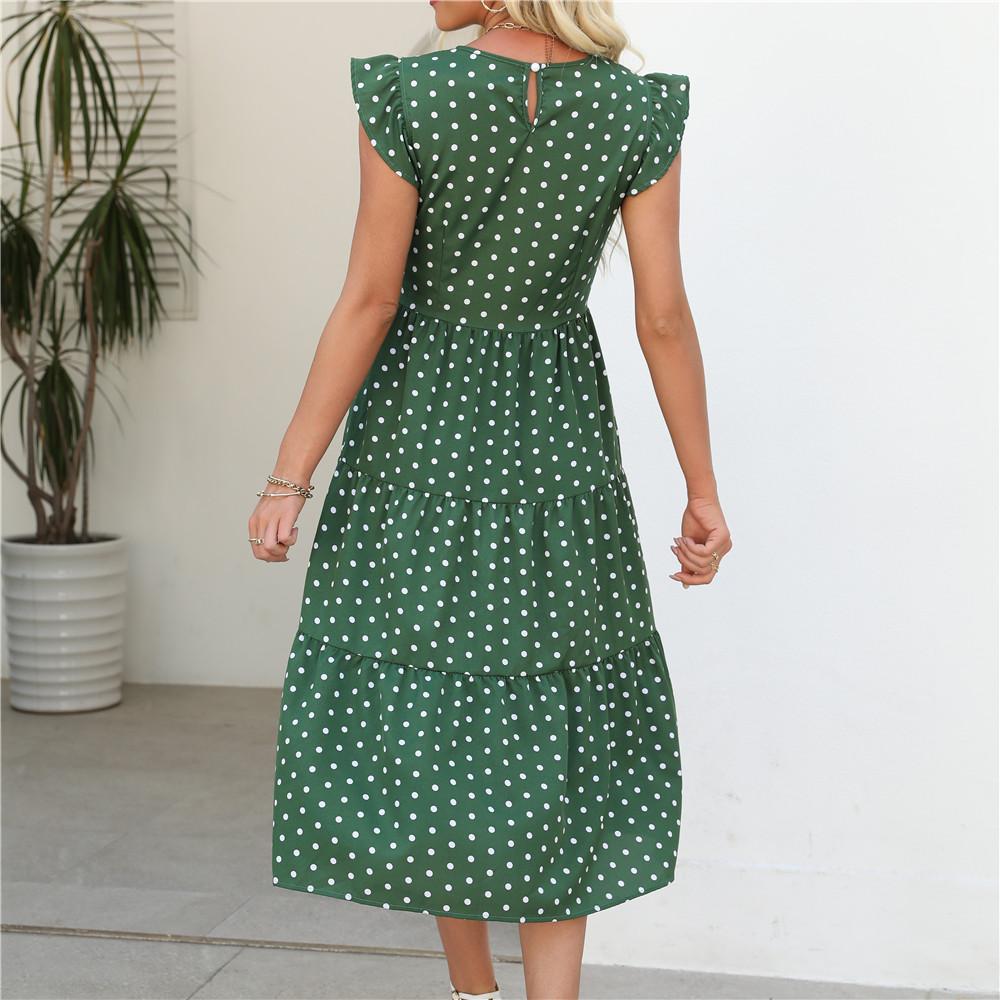 Polka Dot Print Summer Women Long Dress Round Neck Ruffled Sleeveless