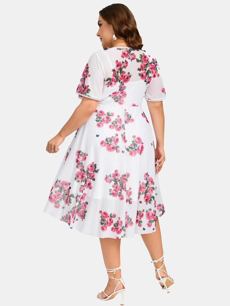 Rosegal Plus Size Twist Lace Trim Belt Layered Flower Print Dress (Adjustable Shoulder Strap)