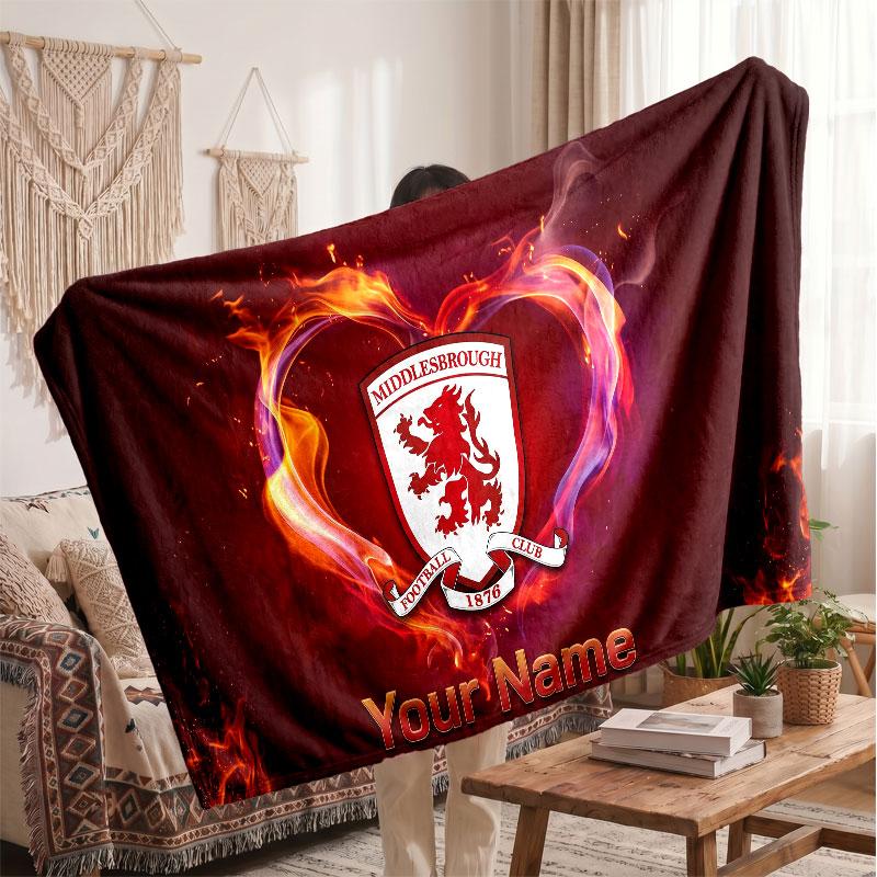 Middlesbrough FC Personalized Fleece Blanket With Football Logo, Custom Name Text Soft Warm Home Throw Blanket