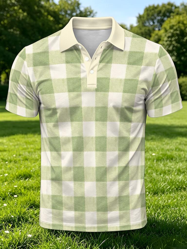 Men'S Outdoor Polo Shirt, Multi-Sizes Available, Green And White Checkered Print, Fashionable Casual Comfortable Top for Hiking And Leisure, Versatile