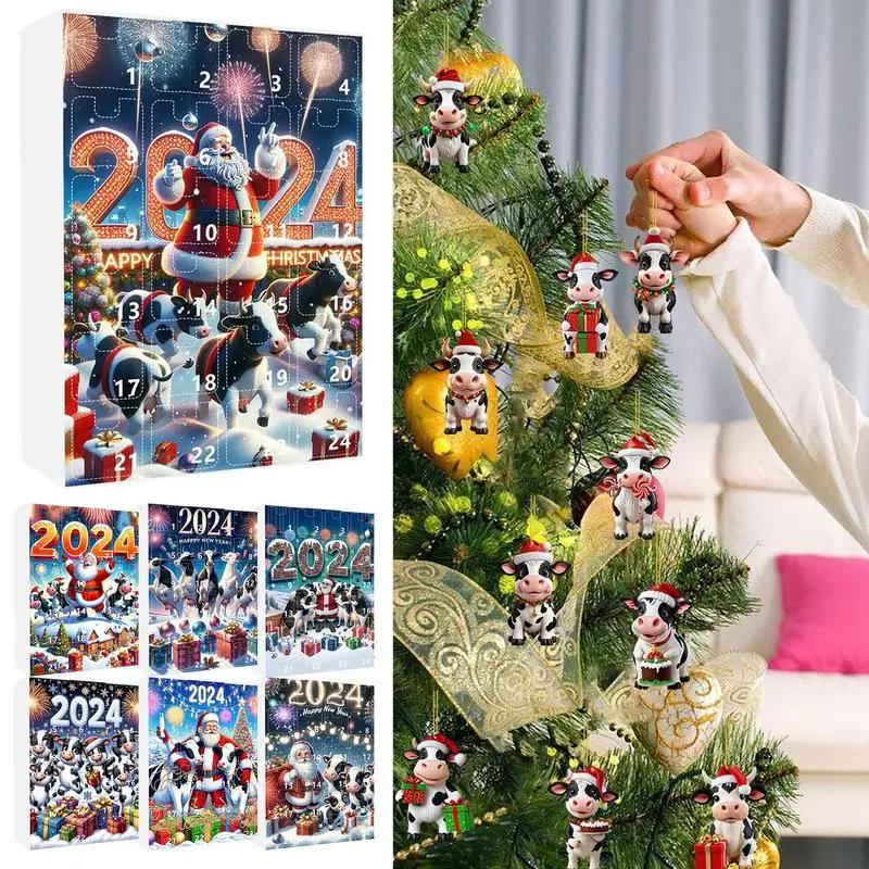 Рождественский адвент-календарь 2024 года «Корова в шапках Санты», 24-дневный рождественский адвент-календарь, 2D-украшение рождественской елки в виде коровы из Хайленда