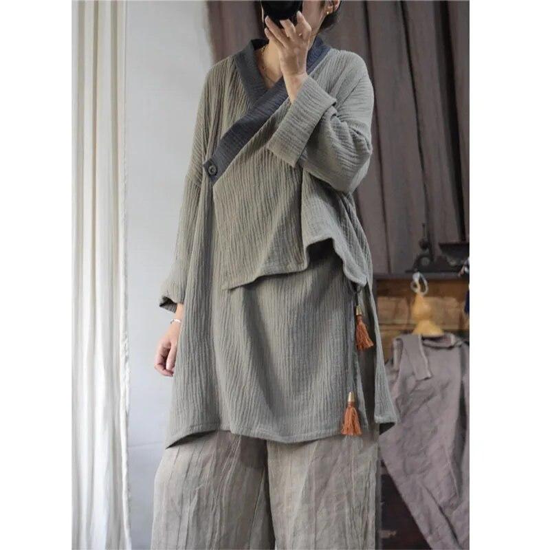 Johnature Рубашка в китайском стиле, осенняя женская модная винтажная однотонная свободная повседневная рубашка