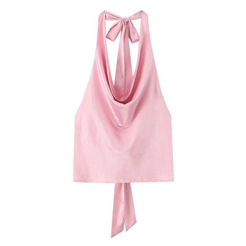 Spring and Summer New Women's Clothing Bowknot Decoration Draped Fashion Hanging Collar Silk Satin Texture Tops 2892650