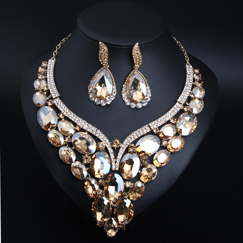 Exaggerated Crystal Glass Necklace Earrings Set Dress Banquet Women'S Accessories