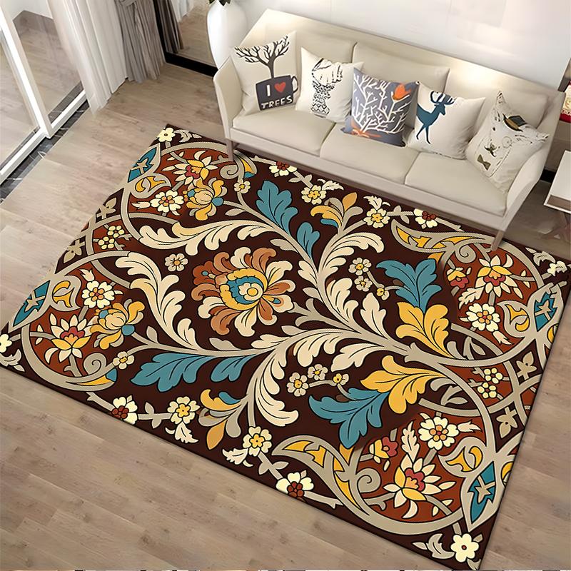 Floral Pattern Carpet with Vintage Style, Brown Background Living Room Rug Suitable for use as an anti-slip for living room bedroom sofas
