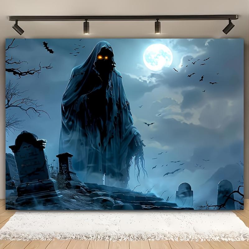 Halloween decoration background cloth - cemetery and moonlit night with bats, used in living rooms and outdoors