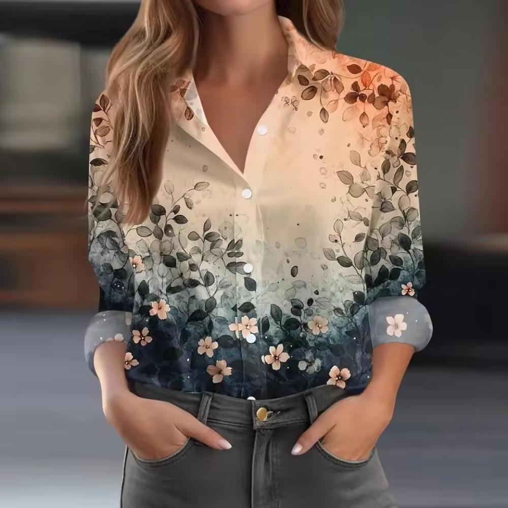 Женская Модная Блузка с Цветочными Блоками и Пуговицами Блузка с Воротником-Лацканами Женские Рубашки с Длинным Рукавом Женская Одежда Женская Одежда