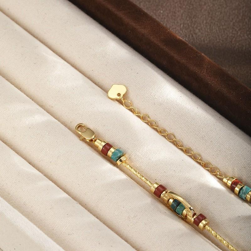 Boho Chic Geometric Stone Beaded Bracelet With Gold-Tone Metal Accents Vintage-Inspired Womens Handmade Jewelry
