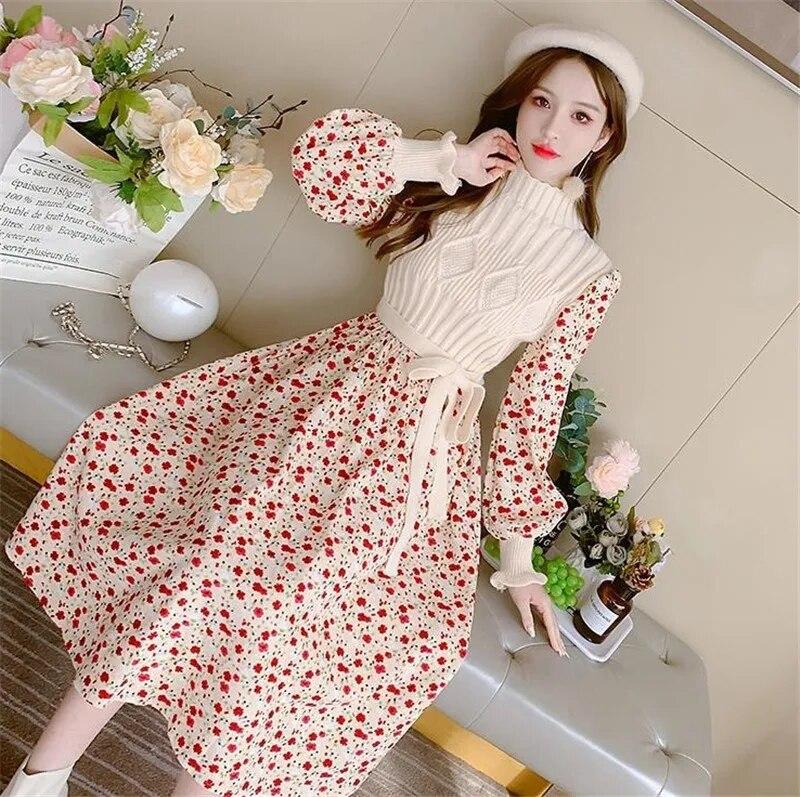 Women's Knitted Dress Autumn Winter Long Sleeve Corduroy Floral Dress Female Elegant Sweater A-line Long Veatidos Belt