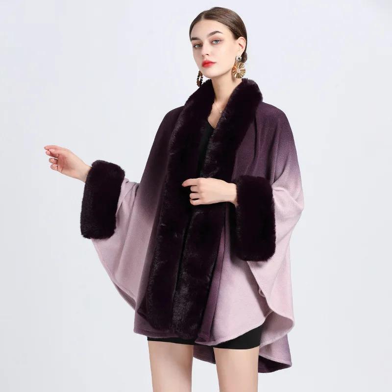 6 Gradient Colors Women Long Faux Rabbit Fur Collar Poncho Cape Knitted Cardigan Outstreet Wear Loose Cloak Batwing Sleeves Coat