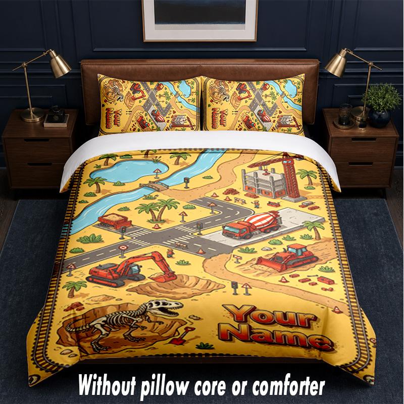 Construction Vehicles Theme Custom Text Or Name 3Pcs Bedding Set,1 Flat Sheet & 2 Pillowcases Personalized Home Bedding