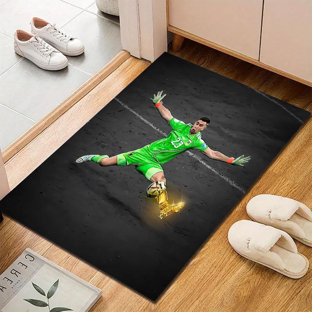 "Goalkeeper in Action with Golden Save" Patterned carpet, suitable as a non slip play mat for the living room and bedroom sofa