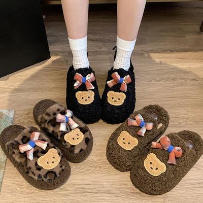 Мультяшные милые тапочки с толстой подошвой и нескользящим верхом-мешком для женщин 2025 осень-зима модные универсальные теплые пушистые тапочки для женщин