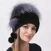 Women's Mink & Fox Fur Hat - Natural Real Fur Knitted Beanie with Pompoms, Warm Elastic Winter Trapper Cap for Ladies