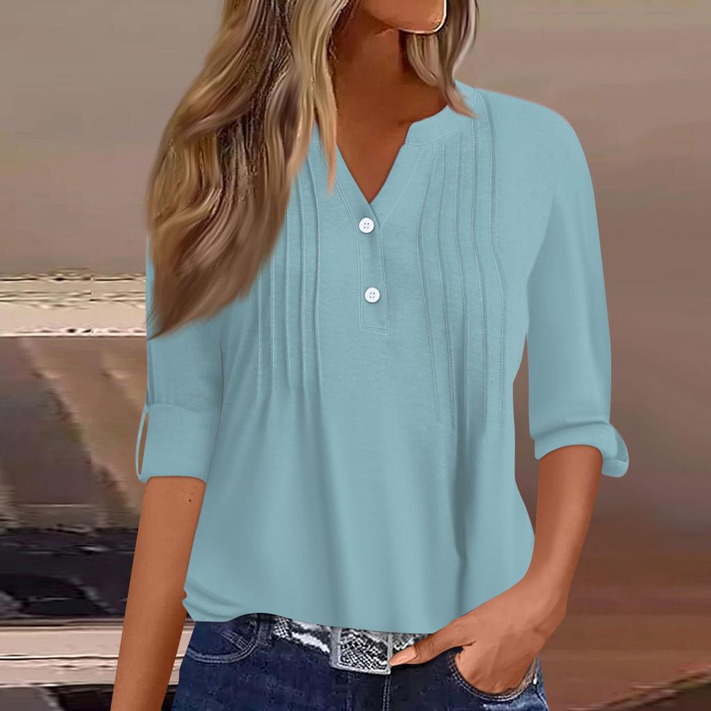 Women's Fashion Casual Solid Colour V-Neck Long Sleeve Button Down T-Shirt Top