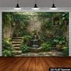 2D Vintage Walled Garden Waterfall with Lush Greenery Backdrop Photo Background