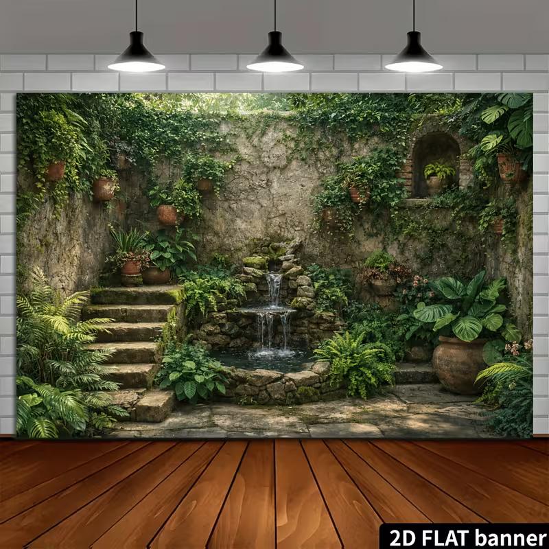 2D Vintage Walled Garden Waterfall with Lush Greenery Backdrop Photo Background