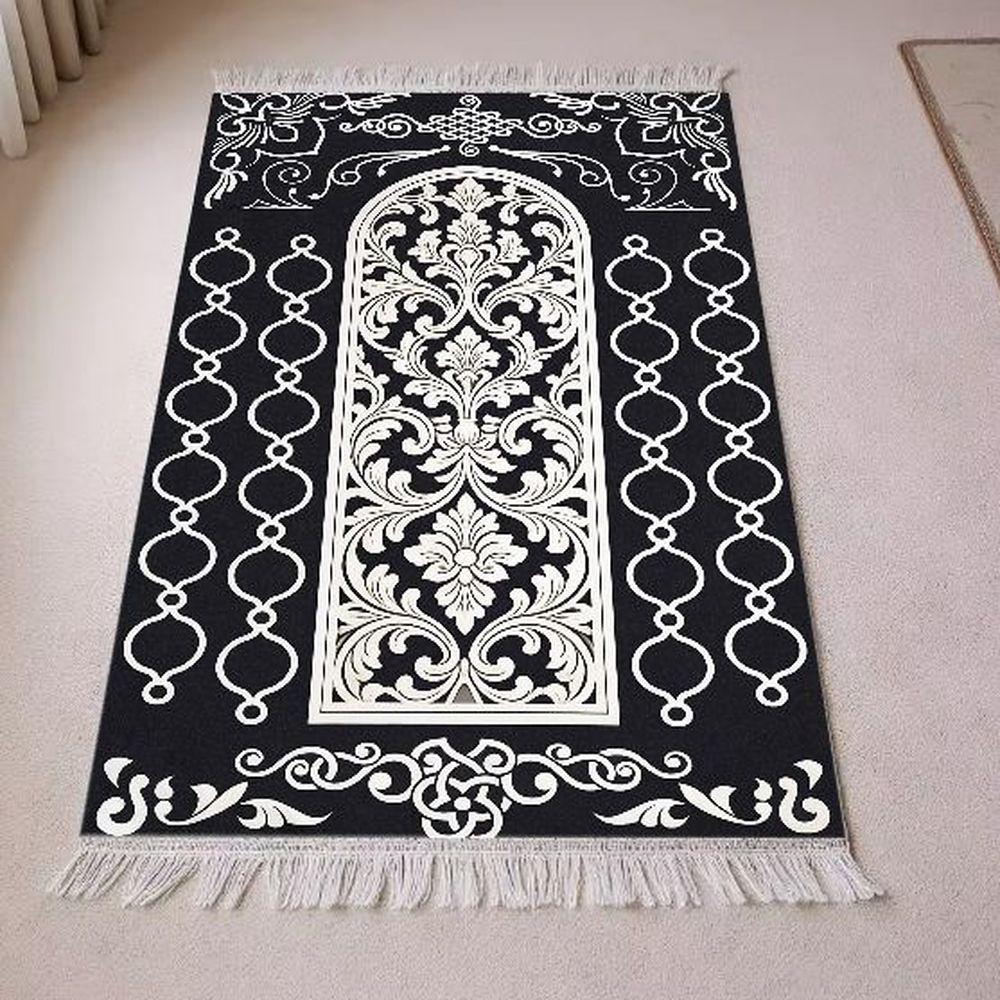 Islamic Floor Mat Navy Gold Floral Portable Worship Rug with Tassels