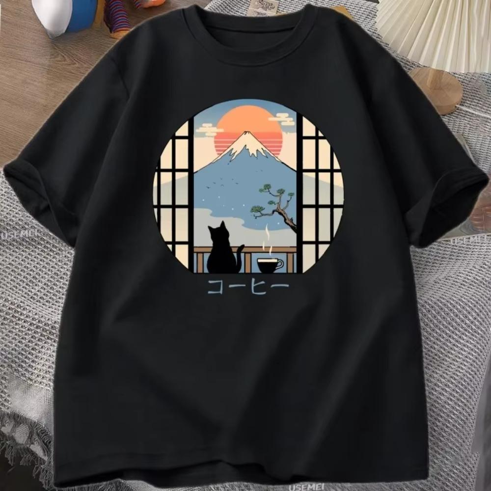 Coffee Cat Mount Fuji print TShirt men and Womens Crew Neck Short Sleeve JapaneseStyle Printed Loose Top