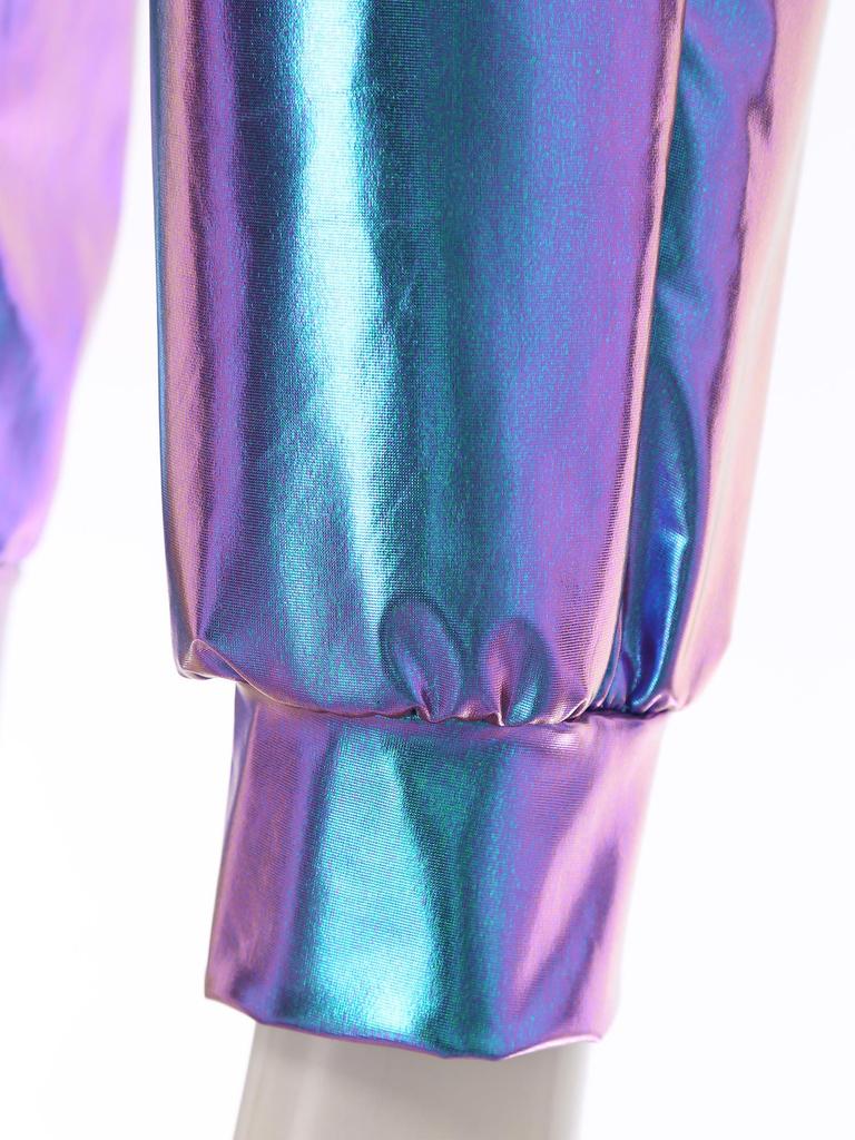 Женские металлизированные танцевальные брюки с высокой талией, эластичный пояс, свободный крой, спортивные брюки, блестящие, современные брюки