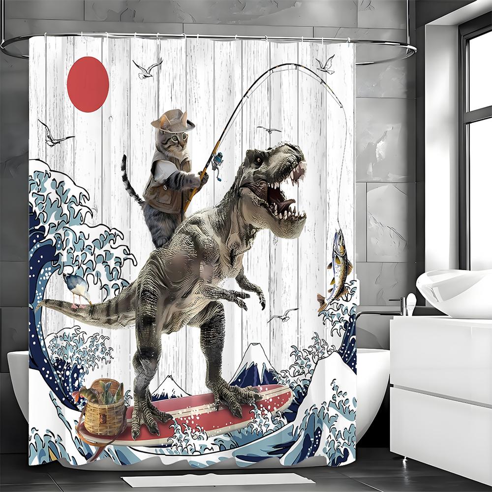 Cat and Dinosaur Shower Curtain, Japanese Sea Waves for Bathroom, Kids, Shower Curtain Decorative Shower Curtain, Waterproof Sho