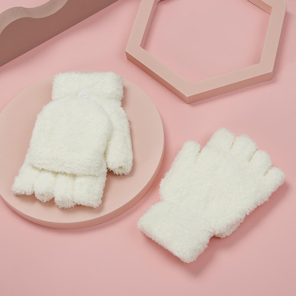 Girls Dual-use Thick Knitting Mittens Convertible Flip Top Half Finger Gloves Coral Velvet Gloves